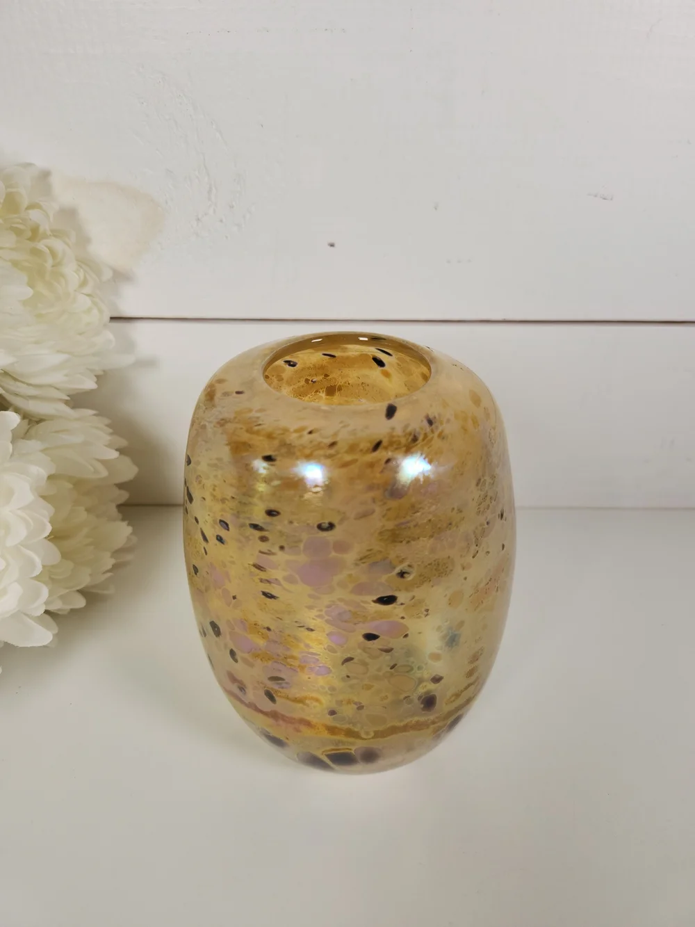 Vintage Hand Blown Iridescent Art Glass Vase, Signed | Confetti Glass Vessel
